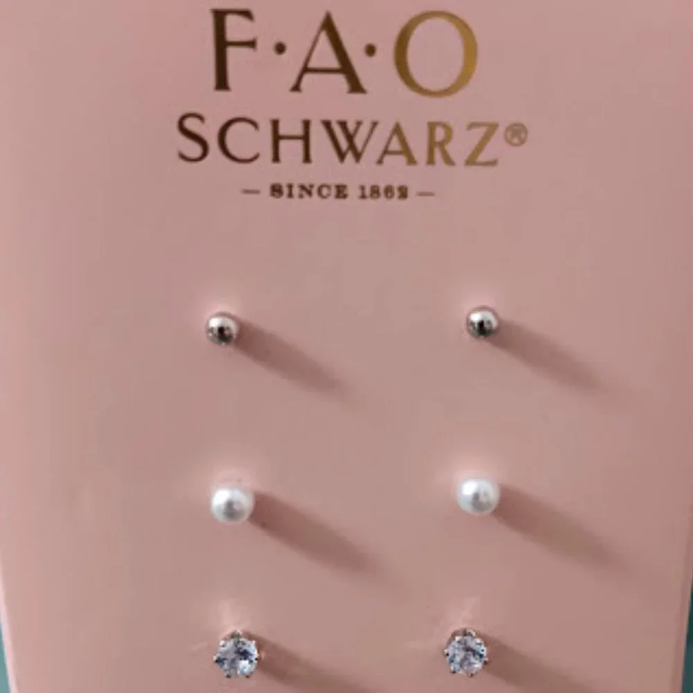 FAO SCHWARZ 3pc SET Silver Plated Round CZ/Silver Ball/Pearl Stud Earrings**NEW!